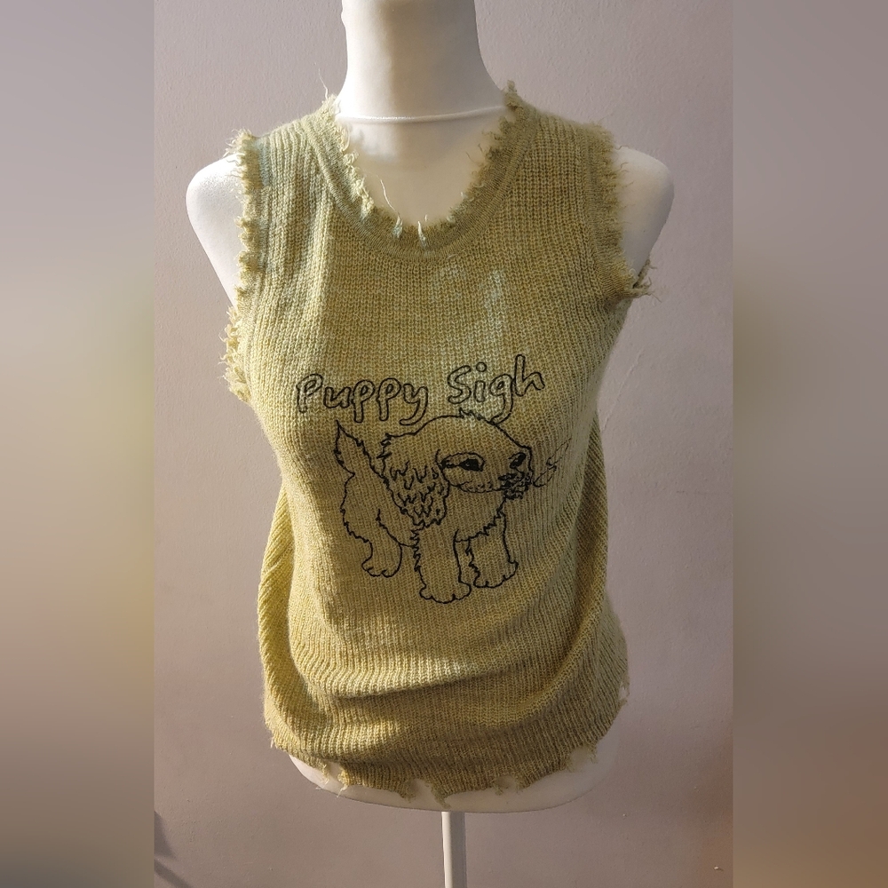 Distressed, Frayed Edge Puppy Sigh Greenish- Yellow Tank Top - Picture 8 of 9